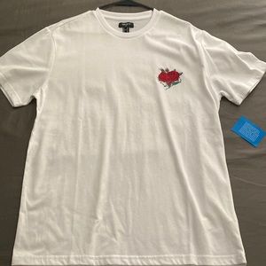 white tee with red rose design on front side